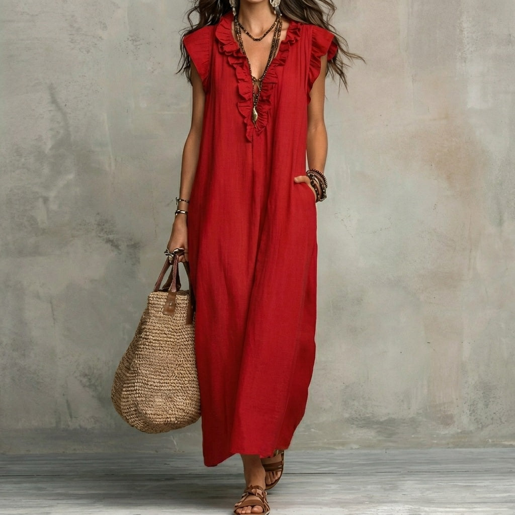 Josefina™ | Vestido largo con textura de lino con escote en pico y volantes