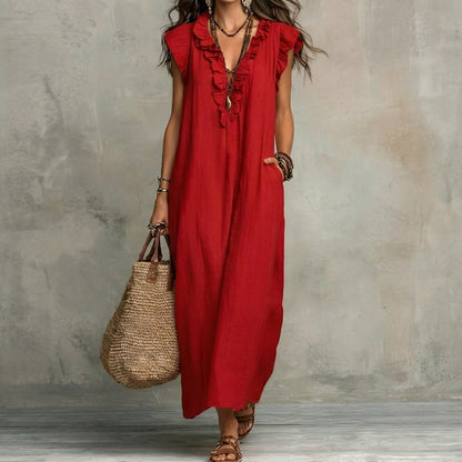 Josefina™  | Vestido largo con textura de lino con escote en pico y volantes
