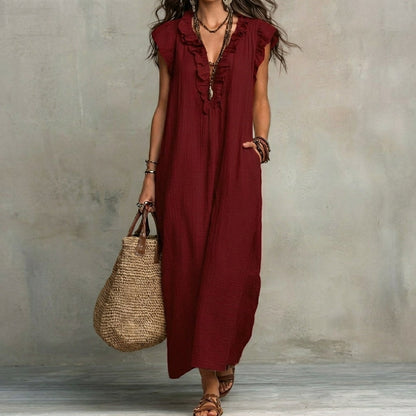 Josefina™  | Vestido largo con textura de lino con escote en pico y volantes