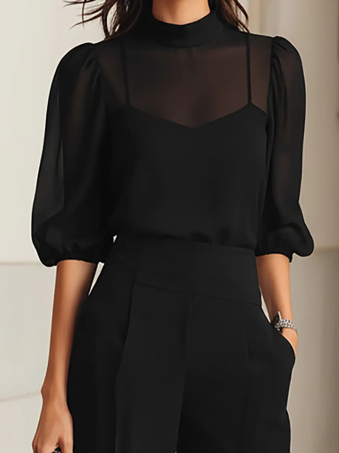 Valentina | set negro de 3 piezas con top transparente y pantalón ancho