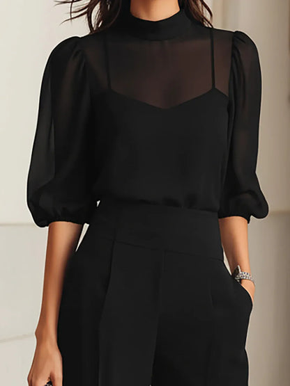 Valentina | set negro de 3 piezas con top transparente y pantalón ancho